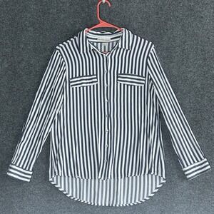 Alexander Jordan Blue & White Striped Button-Down‎ Rayon Blouse ~ Women's Size L